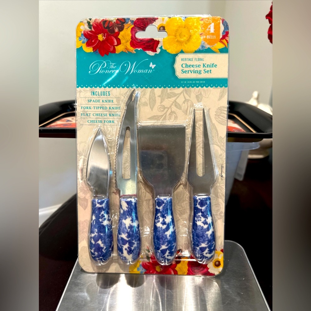 Pioneer Woman Cheese Knife Serving Set Heritage Floral Blue 4 Pc Charcuterie Set